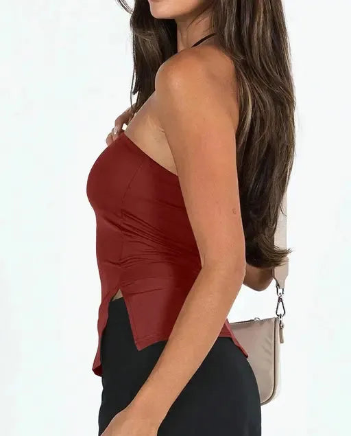 Solid Tube Side Slit Crop Top For Women Western Wear