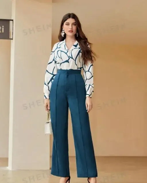 Comfy Latest Women Jumpsuits, Stylish Sensational Women Jumpsuits,  Women's White & Aqua Blue Abstract Print Co-ord Set,  Stylish Office Wear Two-Piece Set,  Geometric Print Button-Down Shirt with Solid Aqua Blue Pants,  Latest Fashion High Low Shirt with