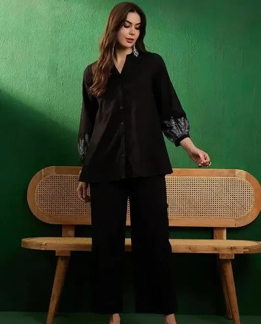 Floral Embroidered V-Neck Shirt With Palazzos