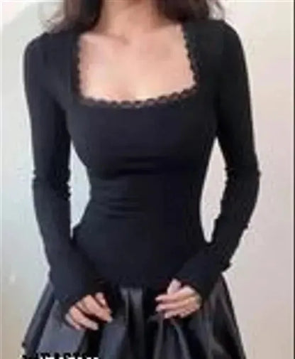 Solid Square Neck Lace Trim Women Long Sleeve Casual Western Stylish Ribbed Top