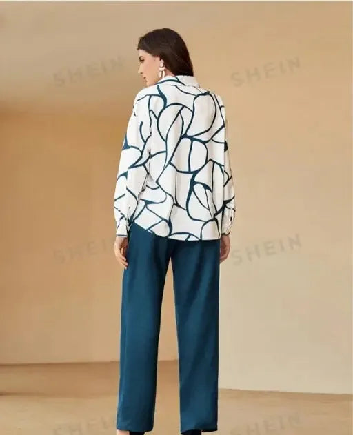 Comfy Latest Women Jumpsuits, Stylish Sensational Women Jumpsuits,  Women's White & Aqua Blue Abstract Print Co-ord Set,  Stylish Office Wear Two-Piece Set,  Geometric Print Button-Down Shirt with Solid Aqua Blue Pants,  Latest Fashion High Low Shirt with