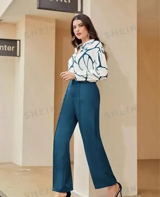 Comfy Latest Women Jumpsuits, Stylish Sensational Women Jumpsuits,  Women's White & Aqua Blue Abstract Print Co-ord Set,  Stylish Office Wear Two-Piece Set,  Geometric Print Button-Down Shirt with Solid Aqua Blue Pants,  Latest Fashion High Low Shirt with