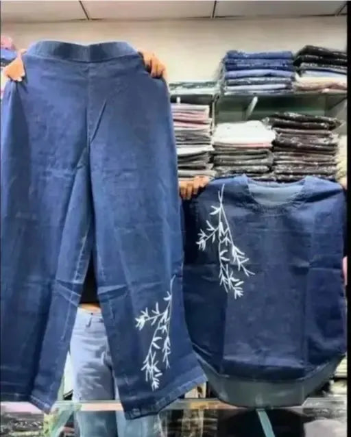 Trendy Women's Denim Co-ord Set with Puff Sleeves & Embroidered Wide-Leg Pants – Casual Two-Piece Outfit