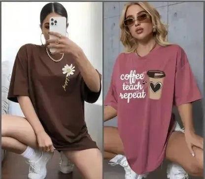 Pack of 2 Oversized T-Shirts for Women - Cotton Blend Loose Fit Graphic Printed Longline Boyfriend Tees (Brown & Pink)