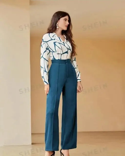 Comfy Latest Women Jumpsuits, Stylish Sensational Women Jumpsuits,  Women's White & Aqua Blue Abstract Print Co-ord Set,  Stylish Office Wear Two-Piece Set,  Geometric Print Button-Down Shirt with Solid Aqua Blue Pants,  Latest Fashion High Low Shirt with