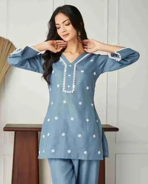 Premium Cotton Slub Coord Set for Summer, Embroidered Top and Palazzo To wear in daily wear | office wear | picnic wear