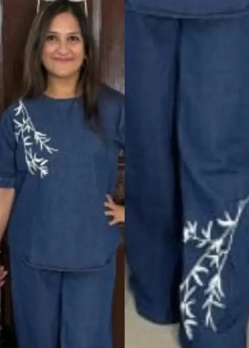 Trendy Women's Denim Co-ord Set with Puff Sleeves & Embroidered Wide-Leg Pants – Casual Two-Piece Outfit