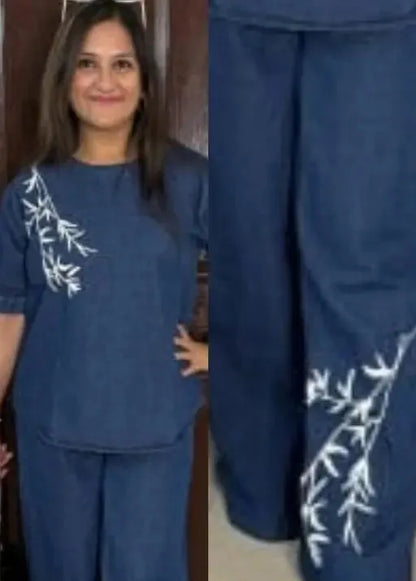 Trendy Women's Denim Co-ord Set with Puff Sleeves & Embroidered Wide-Leg Pants – Casual Two-Piece Outfit