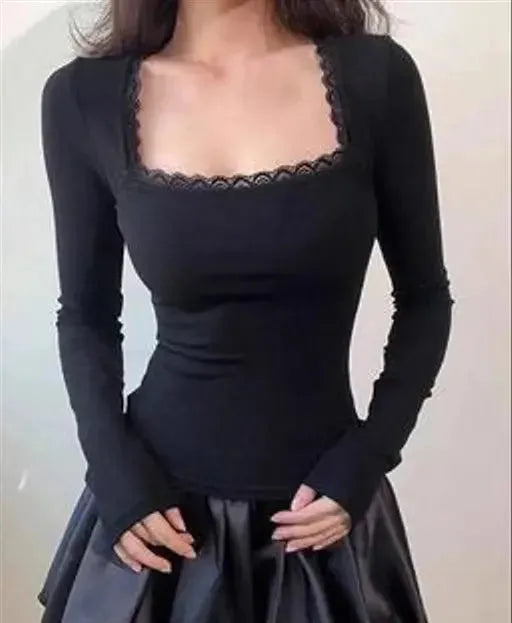 Solid Square Neck Lace Trim Women Long Sleeve Casual Western Stylish Ribbed Top