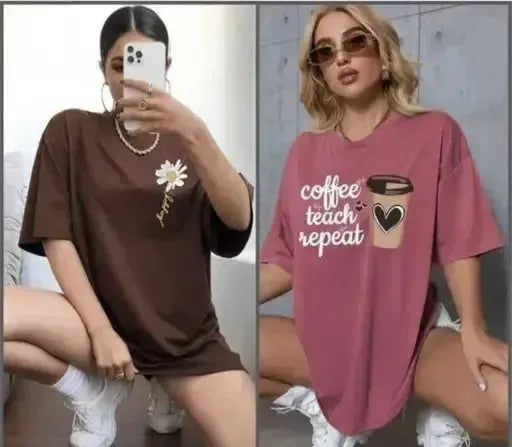 Pack of 2 Oversized T-Shirts for Women - Cotton Blend Loose Fit Graphic Printed Longline Boyfriend Tees (Brown & Pink)