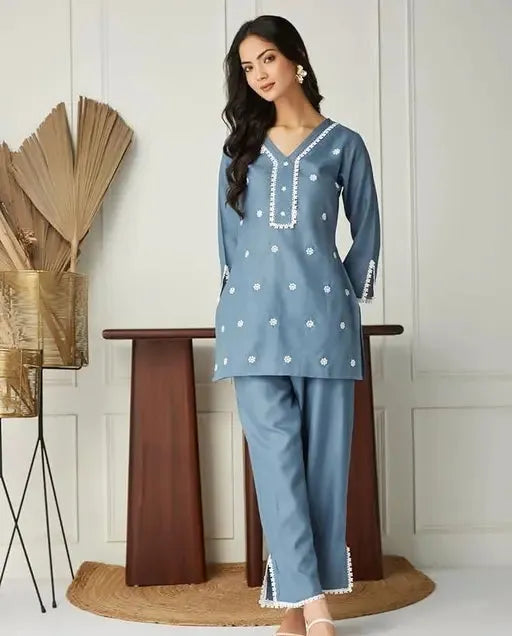 Premium Cotton Slub Coord Set for Summer, Embroidered Top and Palazzo To wear in daily wear | office wear | picnic wear