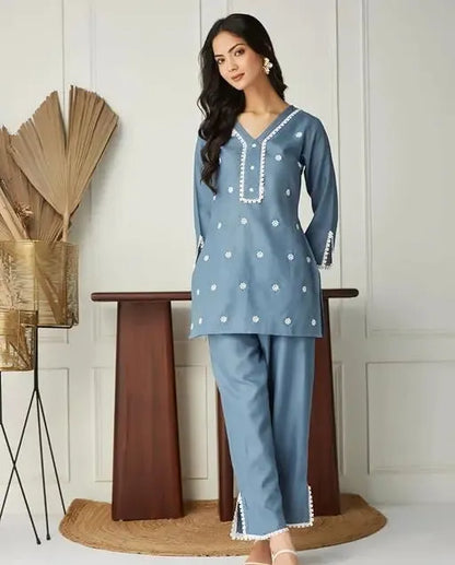 Premium Cotton Slub Coord Set for Summer, Embroidered Top and Palazzo To wear in daily wear | office wear | picnic wear