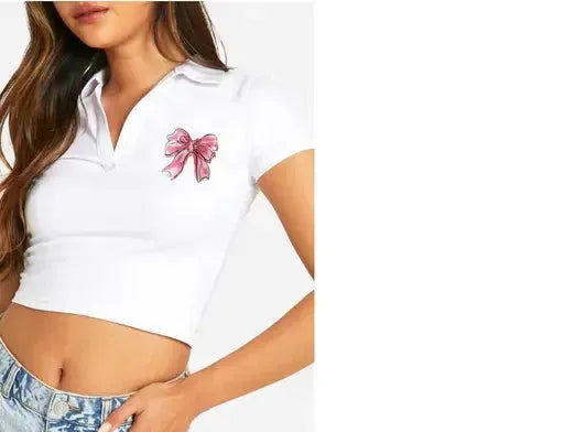 Stylish Half Sleeves Sticker Printed Collar Top And Tunics
